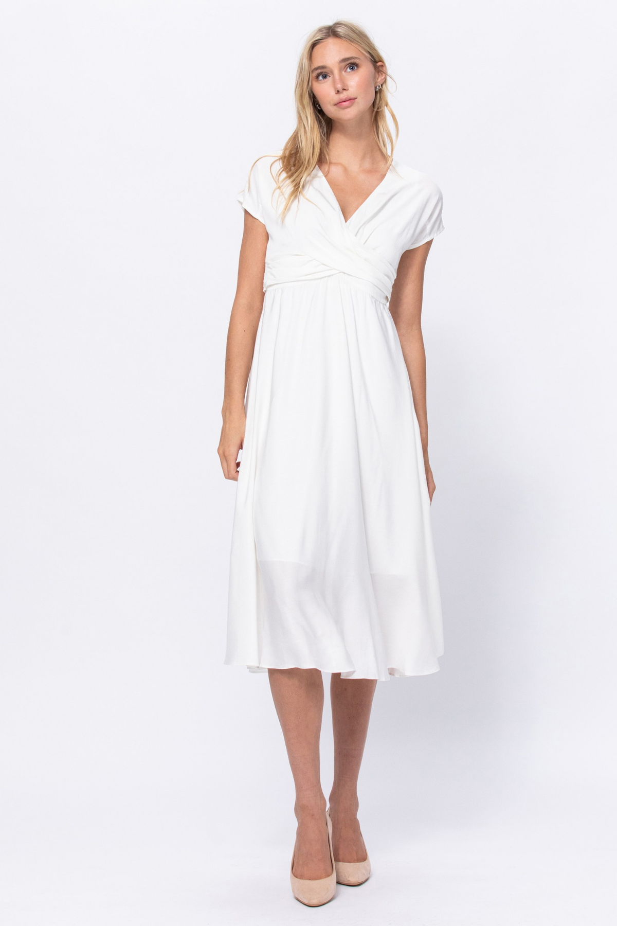Elegant Front Wrap White Midi Dress ...